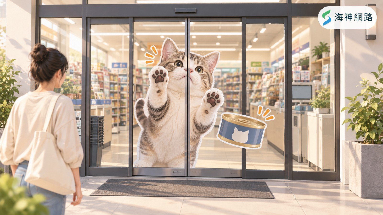 行銷案例情境示意圖:便利商店自動門貼著貓咪貼紙與罐頭,把門變成議題媒體