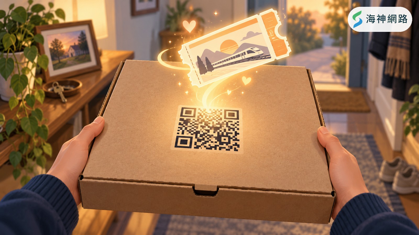行銷案例情境示意圖:手捧披薩盒,盒上的 QR Code 掃出一張回家的車票