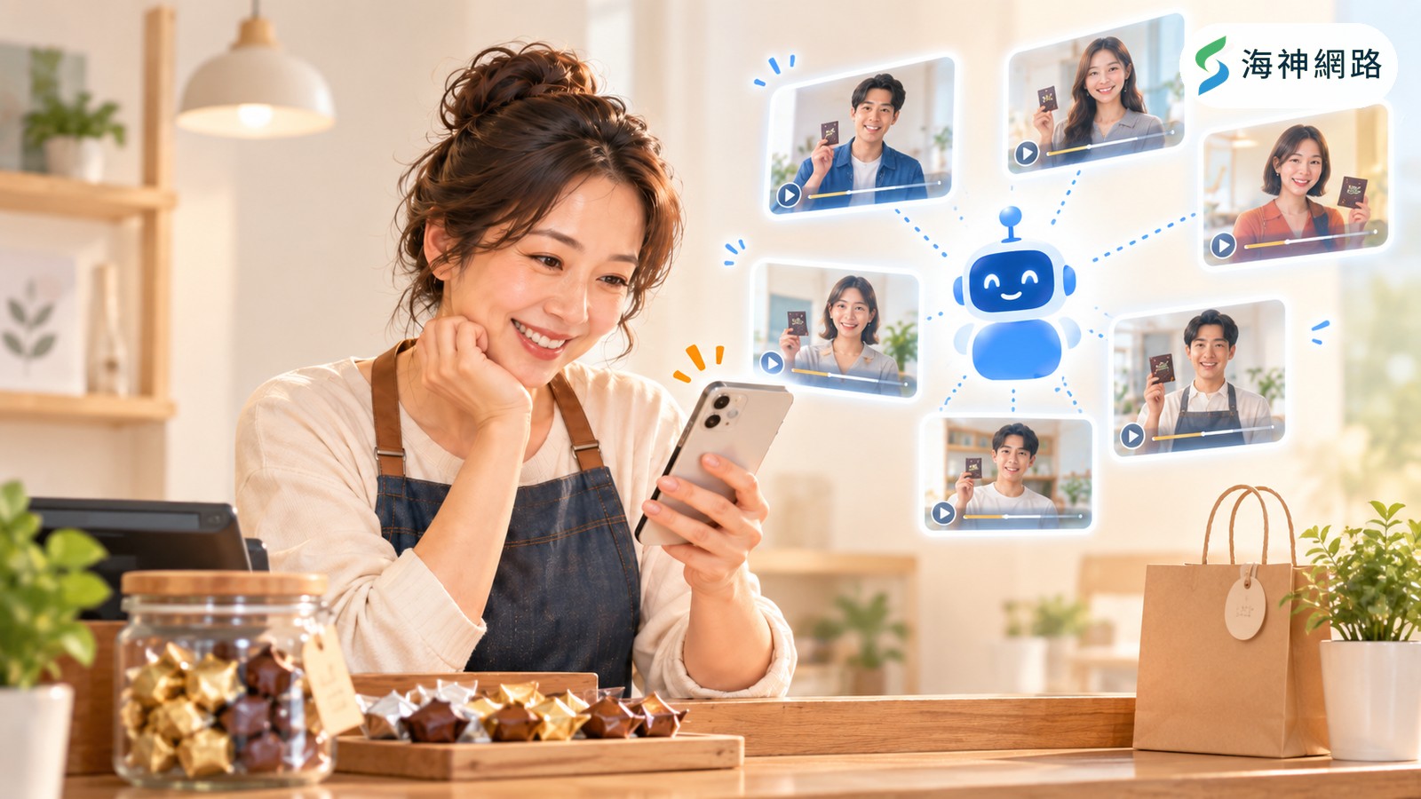 行銷案例情境示意圖:小店老闆看手機裡的個人化廣告,AI 同時生成上百支版本