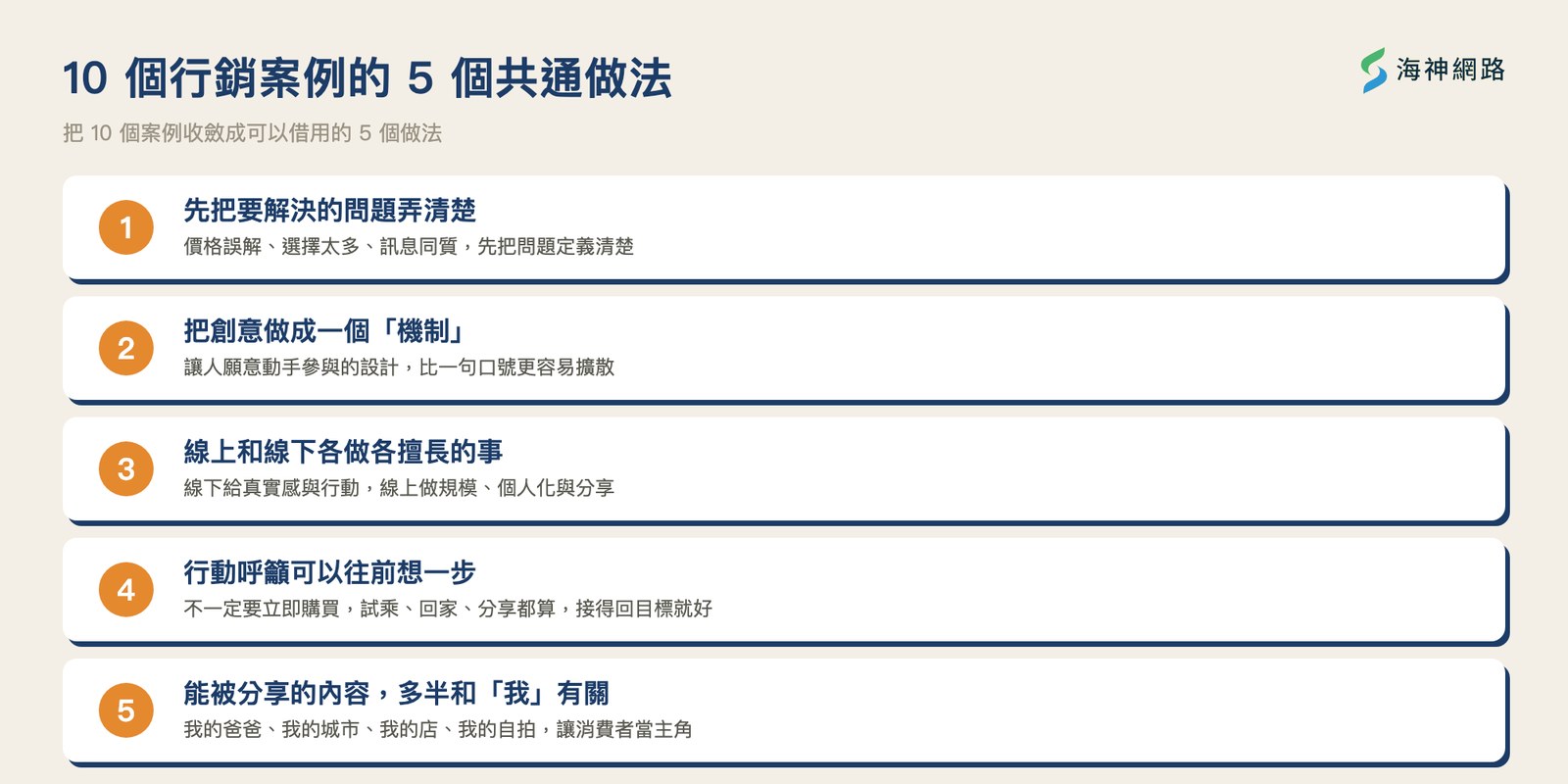 行銷案例的5個共通做法:先弄清問題、把創意變機制、線上線下分工、CTA往前想一步、能被分享的和我有關